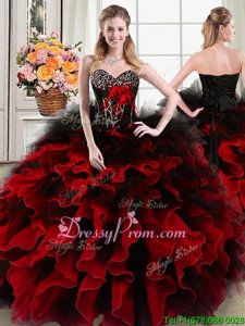 Enchanting Floor Length Black and Red Ball Gown Prom Dress Organza and Tulle Sleeveless Spring and Summer and Fall and Winter Beading and Ruffles and Hand Made Flower