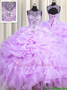 Glorious Lavender Sleeveless Floor Length Beading and Ruffles and Pick Ups Lace Up 15th Birthday Dress