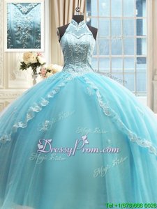 Hot Sale Aqua Blue Lace Up Vestidos de Quinceanera Beading and Lace and Appliques Sleeveless Floor Length
