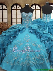 Clearance Teal Ball Gowns Sweetheart Sleeveless Organza and Taffeta Floor Length Lace Up Beading and Embroidery and Ruffles Ball Gown Prom Dress