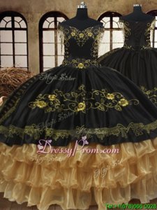 Admirable Black and Gold Off The Shoulder Neckline Beading and Embroidery and Ruffled Layers Sweet 16 Dress Sleeveless Lace Up
