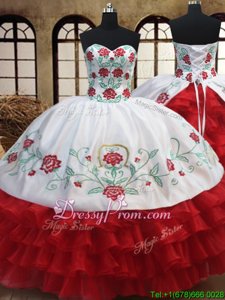Dramatic Organza Sweetheart Sleeveless Lace Up Embroidery and Ruffled Layers Quinceanera Dress inWhite and Red