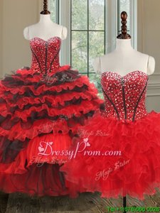 Elegant Black and Red Sleeveless Organza Lace Up Sweet 16 Quinceanera Dress forMilitary Ball and Sweet 16 and Quinceanera