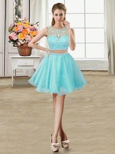 Adorable A-line Prom Dress Aqua Blue Scoop Tulle Sleeveless Mini Length Zipper