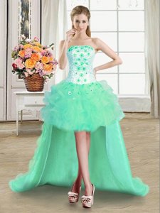 Sexy Turquoise Tulle Lace Up Prom Dresses Sleeveless High Low Beading and Appliques and Ruffles