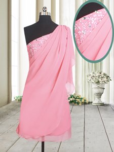 Perfect One Shoulder Side Zipper Prom Gown Rose Pink and In for Prom and Party with Beading
