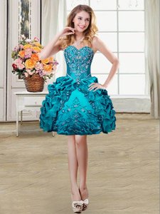Custom Design Mini Length Teal Prom Party Dress Organza and Taffeta Sleeveless Beading and Embroidery and Pick Ups