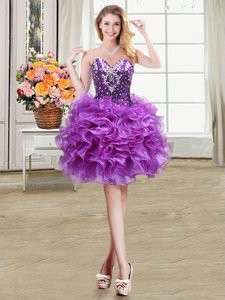 Sleeveless Mini Length Beading and Ruffles Lace Up Evening Dress with Eggplant Purple
