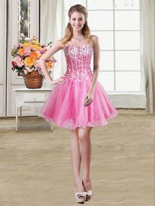 Custom Designed Rose Pink Ball Gowns Sweetheart Sleeveless Organza Mini Length Lace Up Sequins Prom Dress