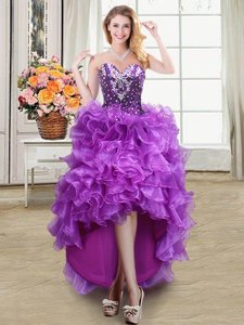 Pretty Sweetheart Sleeveless Organza Prom Dress Beading and Ruffles and Sequins Lace Up