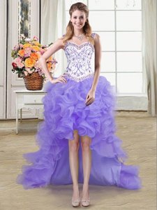 Straps Straps High Low Lace Up Prom Gown Lavender and In for Prom and Party with Beading and Ruffles