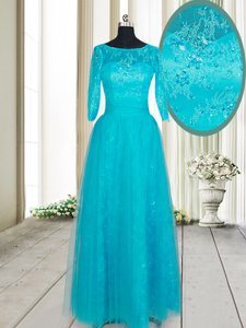 High Quality Scoop Teal Half Sleeves Tulle Zipper Prom Dresses for Prom