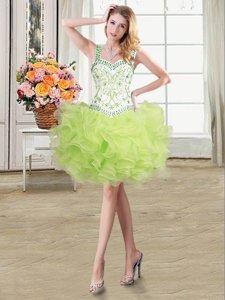 Vintage Yellow Green Ball Gowns Organza Straps Sleeveless Beading and Ruffles Floor Length Lace Up Prom Dresses