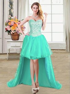Designer High Low Lace Up Turquoise and In for Prom and Party with Beading and Ruffles and Pick Ups