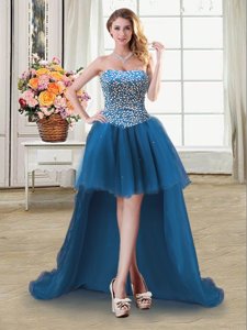 Flirting Sweetheart Sleeveless Prom Gown High Low Beading Teal Tulle