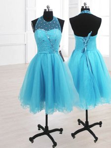 Suitable Baby Blue Lace Up High-neck Ruffles Homecoming Dress Organza Sleeveless