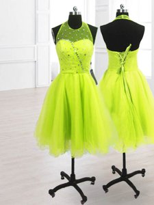 High Quality High-neck Sleeveless Prom Party Dress Knee Length Sequins Yellow Green Organza
