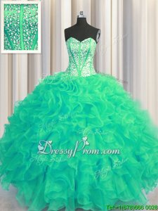 Superior Turquoise Sweetheart Neckline Beading and Ruffles 15th Birthday Dress Sleeveless Lace Up