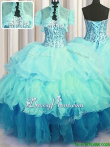 Chic Organza Sweetheart Sleeveless Lace Up Beading and Ruffled Layers 15th Birthday Dress inAqua Blue