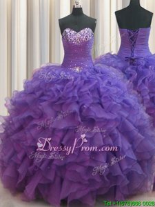 Noble Purple Ball Gowns Sweetheart Sleeveless Organza Floor Length Lace Up Beading and Ruffles 15 Quinceanera Dress
