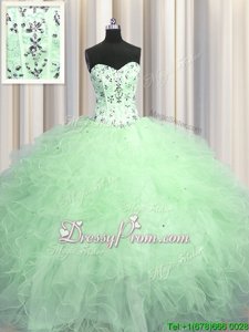 Fashionable Apple Green Tulle Lace Up Sweetheart Sleeveless Floor Length Quinceanera Dresses Beading and Appliques and Ruffles