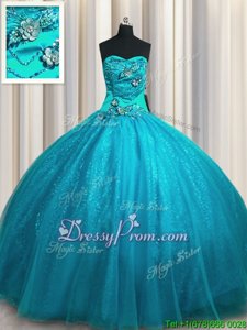 Most Popular Floor Length Lace Up Sweet 16 Quinceanera Dress Teal and In withBeading and Appliques