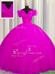 Modern Fuchsia Ball Gowns Tulle V-neck Short Sleeves Ruching With Train Lace Up Vestidos de Quinceanera Court Train
