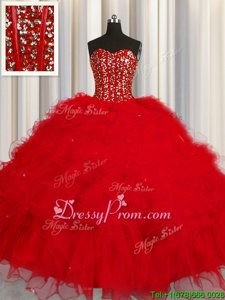 Trendy Red Sleeveless Floor Length Beading and Ruffles and Sequins Lace Up Quinceanera Dress