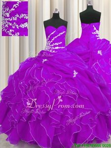High Class Purple Sleeveless Beading and Appliques and Ruffles Floor Length Quinceanera Gowns