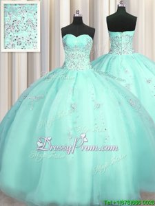 Chic Turquoise Organza Zipper Sweetheart Sleeveless Floor Length Quinceanera Gowns Beading and Appliques