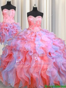 High Quality Beading and Appliques and Ruffles Sweet 16 Dresses Multi-color Lace Up Sleeveless Floor Length