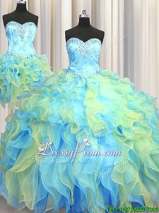 Multi-color Sweetheart Lace Up Beading and Appliques and Ruffles Quinceanera Gowns Sleeveless