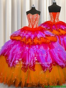 Trendy Sleeveless Tulle Floor Length Lace Up 15th Birthday Dress inMulti-color forSpring and Summer and Fall and Winter withBeading and Ruffles and Ruffled Layers and Sequins