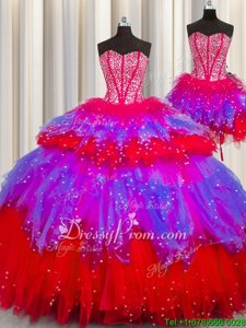 Fantastic Sweetheart Sleeveless 15th Birthday Dress Floor Length Beading Multi-color Tulle