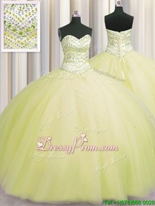 Free and Easy Floor Length Ball Gowns Sleeveless Light Yellow Quinceanera Dress Lace Up