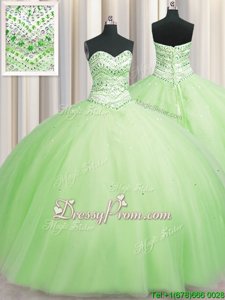 Best Yellow Green Ball Gowns Sweetheart Sleeveless Tulle Floor Length Lace Up Beading Quinceanera Gown