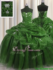 Edgy Floor Length Green Vestidos de Quinceanera Organza Sleeveless Spring and Summer and Fall and Winter Beading and Appliques and Pick Ups