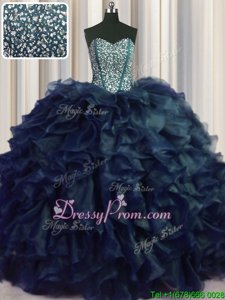 Decent Spring and Summer and Fall and Winter Organza Sleeveless With Train Sweet 16 Dress Brush Train andBeading and Ruffles