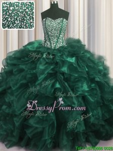 Dynamic Beading and Ruffles Ball Gown Prom Dress Turquoise Lace Up Sleeveless With Brush Train