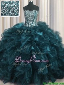Sexy Sleeveless Brush Train Beading and Ruffles Lace Up Quinceanera Dresses