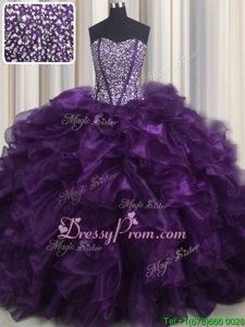 Great Purple Sleeveless Organza Brush Train Lace Up Vestidos de Quinceanera forMilitary Ball and Sweet 16 and Quinceanera