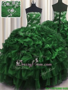 Glittering Dark Green Lace Up Strapless Appliques and Ruffles and Ruffled Layers Quince Ball Gowns Organza Sleeveless