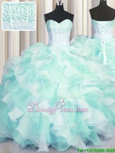 Elegant Multi-color Ball Gowns Beading and Ruffles 15 Quinceanera Dress Lace Up Organza Sleeveless Floor Length