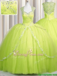 Artistic Yellow Green Zipper Sweetheart Beading and Appliques Sweet 16 Dress Tulle Cap Sleeves Brush Train