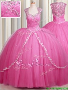 Colorful Rose Pink Quinceanera Gowns Military Ball and Sweet 16 and Quinceanera and For withBeading and Appliques Sweetheart Cap Sleeves Brush Train Zipper