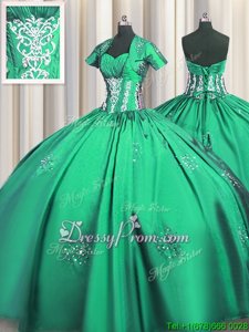 Pretty Turquoise Ball Gowns Sweetheart Short Sleeves Taffeta Floor Length Lace Up Beading and Appliques and Ruching Sweet 16 Dress