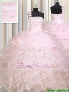 Affordable Sleeveless Organza Floor Length Zipper Sweet 16 Dresses inBaby Pink forSpring and Summer and Fall and Winter withBeading and Ruffles