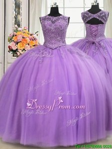 Hot Selling Floor Length Lace Up 15th Birthday Dress Lavender and In forMilitary Ball and Sweet 16 and Quinceanera withBeading and Appliques