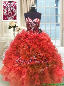 Customized Wine Red Ball Gowns Organza Sweetheart Sleeveless Beading and Ruffles Floor Length Lace Up Quinceanera Gowns