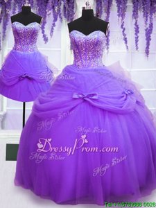Excellent Purple Lace Up Sweetheart Beading and Bowknot Quinceanera Gown Tulle Sleeveless